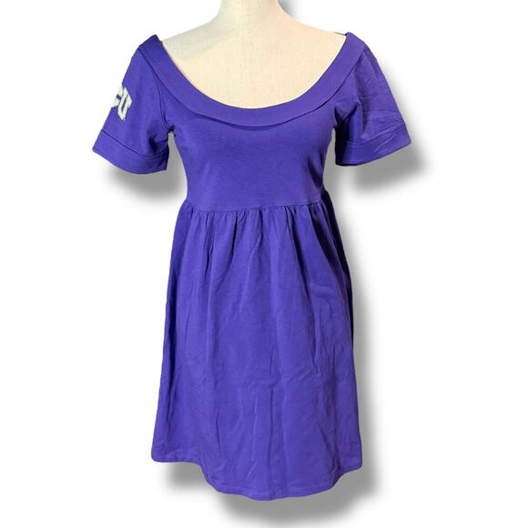 Y2K NOS TCU Mini Scoop Neck Dress Womens Purple White Logo Baby Doll Size M - Picture 3 of 7